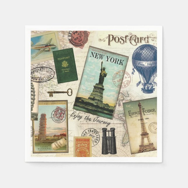 modern vintage travel collage napkin (Front)
