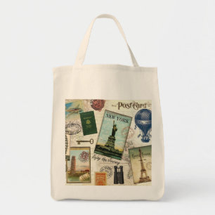 modern vintage travel collage tote bag
