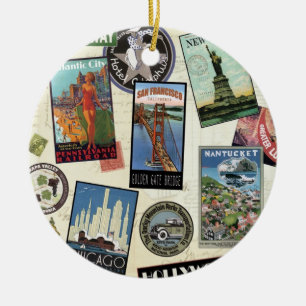 Modern Vintage Travel USA Ceramic Tree Decoration