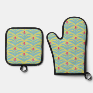Modern vintage tulip pattern oven mitt & pot holder set