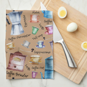Modern Vintage Watercolor Coffee Espresso Pots Tea Towel