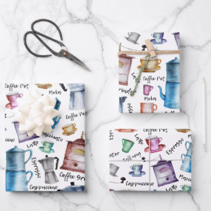 Modern Vintage Watercolor coffee espresso pots Wrapping Paper Sheet