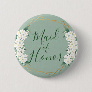 Modern Vintage White Flower on Green Maid of Honou 6 Cm Round Badge