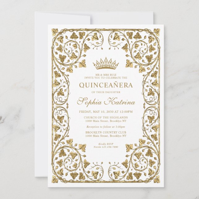 Modern Vintage White Gold Frame Tiara Quinceanera Invitation (Front)