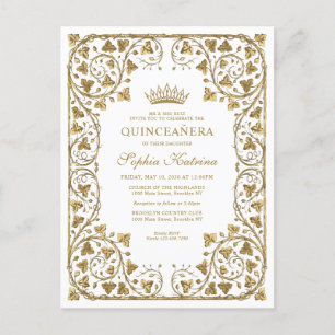 Modern Vintage White Gold Frame Tiara Quinceanera Invitation Postcard