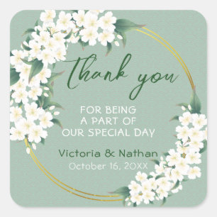 Modern Vintage White Green Floral Wedding Favour  Square Sticker