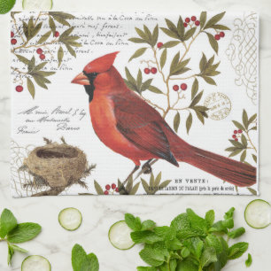 modern vintage winter cardinal tea towel