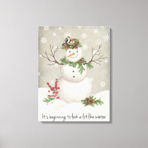 modern vintage winter garden snowman canvas print