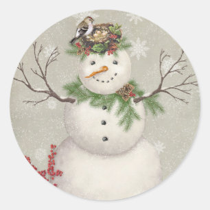 modern vintage winter garden snowman classic round sticker