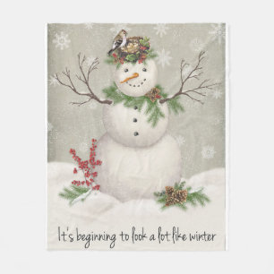 modern vintage winter garden snowman fleece blanket