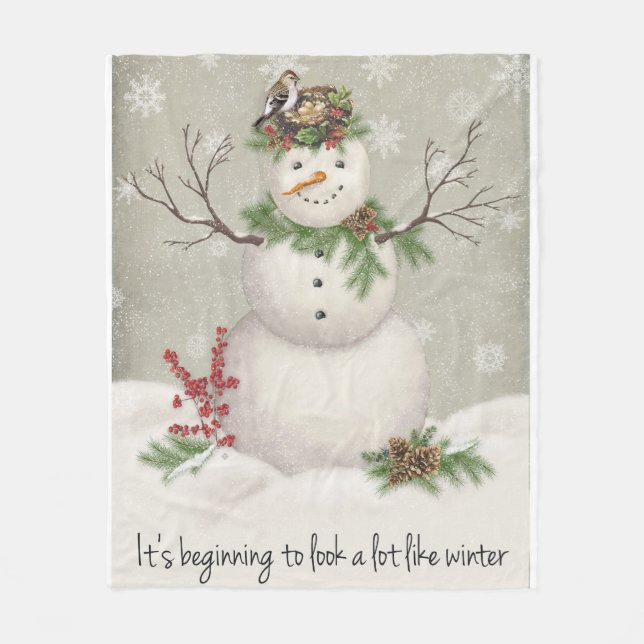 modern vintage winter garden snowman fleece blanket (Front)