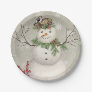 modern vintage winter garden snowman paper plate