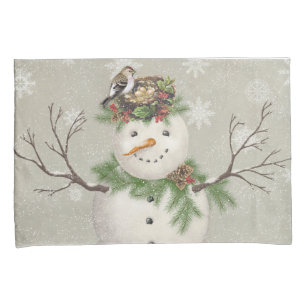 modern vintage winter garden snowman pillowcase