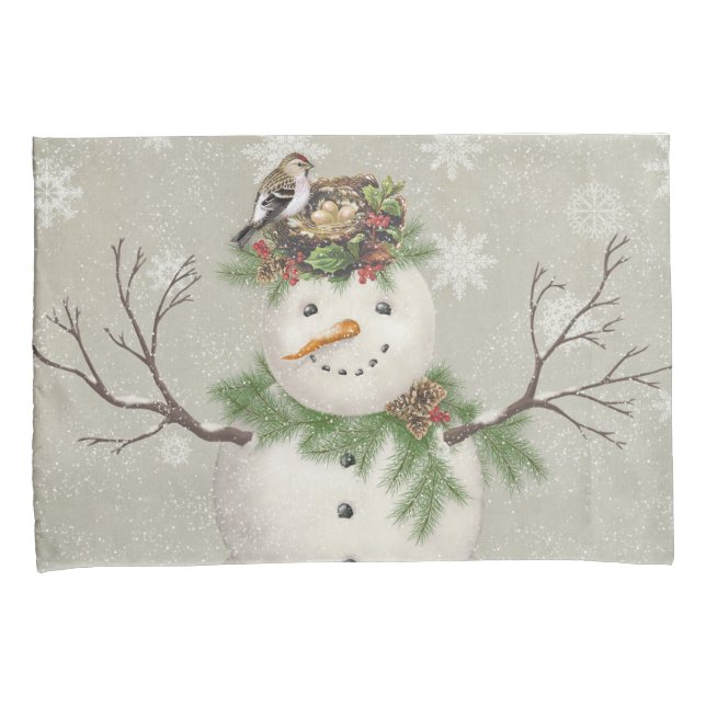 modern vintage winter garden snowman pillowcase (Front-Right)