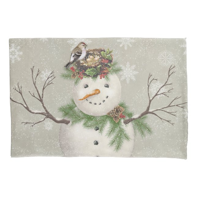 modern vintage winter garden snowman pillowcase (Front)