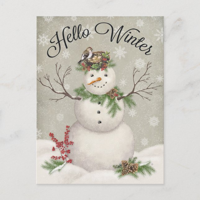 modern vintage winter garden snowman postcard (Front)
