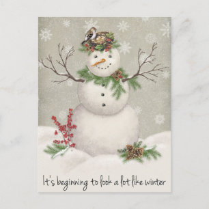 modern vintage winter garden snowman postcard