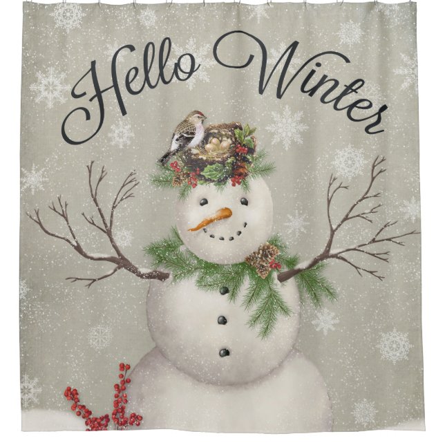 modern vintage winter garden snowman shower curtain (Front)