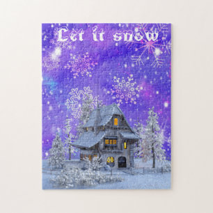 Modern Vintage Winter Snowflakes House Blue Jigsaw Puzzle