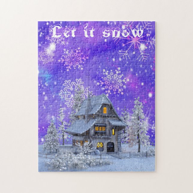Modern Vintage Winter Snowflakes House Blue Jigsaw Puzzle (Vertical)
