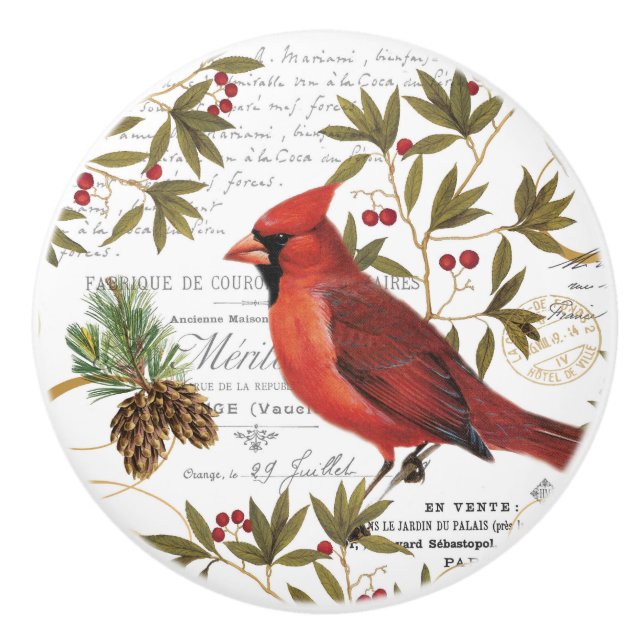 modern vintage winter woodland cardinal ceramic knob (Front)