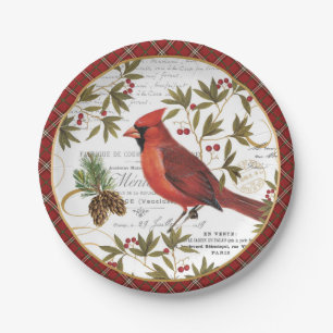 modern vintage winter woodland cardinal paper plate