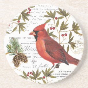 Modern vintage woodland cardinal coaster