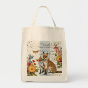 Modern vintage woodland fox tote bag