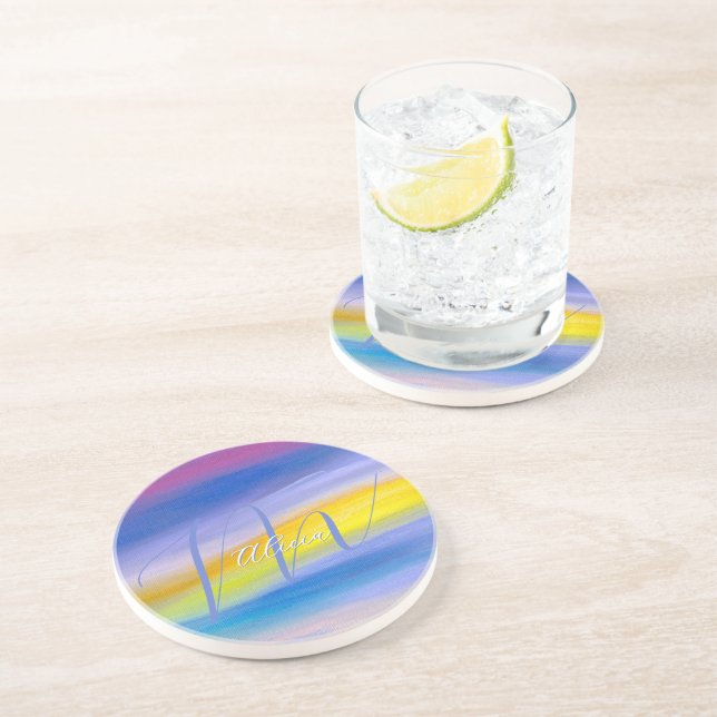 Modern Violet and Golden Ray Acrylic Abstract Coaster (Side)