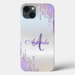 Modern Violet Glitter Drips,Silver,Monogram iPhone 13 Case