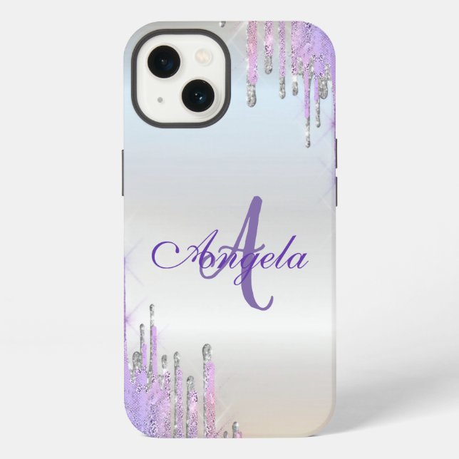 Modern Violet Glitter Drips,Silver,Monogram iPhone Case (Back)