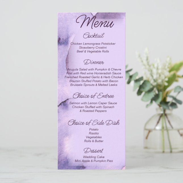 Modern violet lavender watercolor Wedding    Menu (Standing Front)