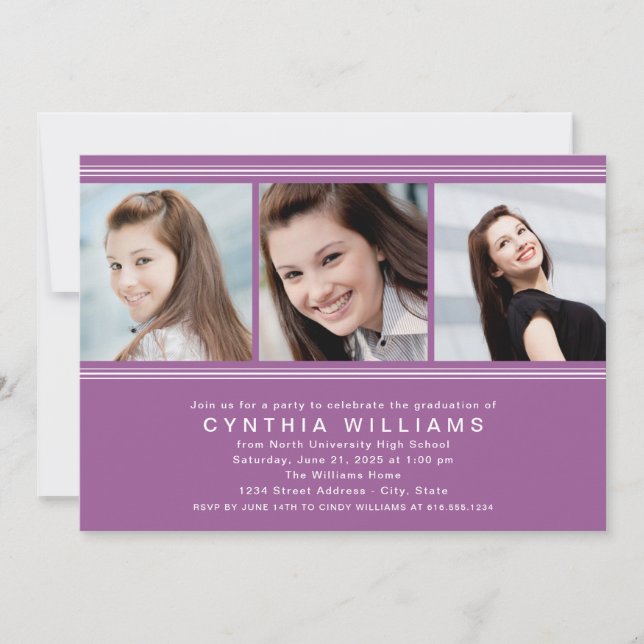 Modern Violet Photo Collage Graduation Party Invitation (Front)