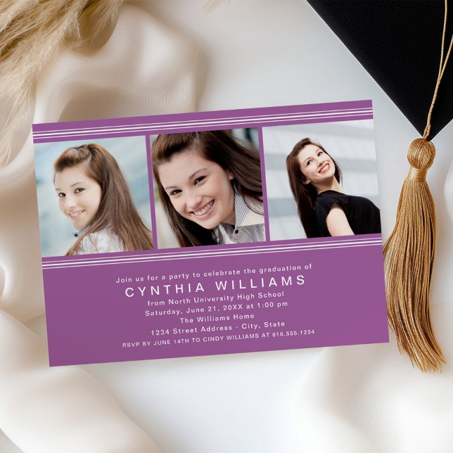 Modern Violet Photo Collage Graduation Party Invitation (Creator Uploaded)