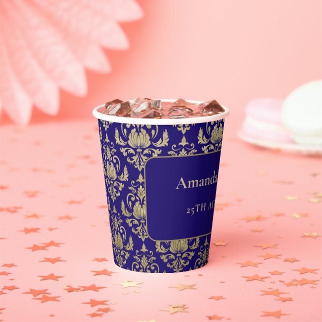 Modern Violet Purple and Gold Pattern Wedding Paper Cups (Insitu)