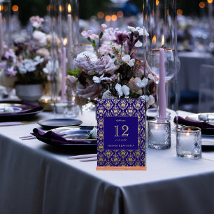 Modern Violet Purple and Gold Pattern Wedding Table Number