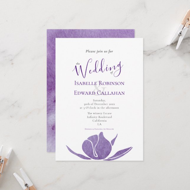 Modern Violet Watercolor Lotus Floral Wedding Invitation (Front/Back In Situ)
