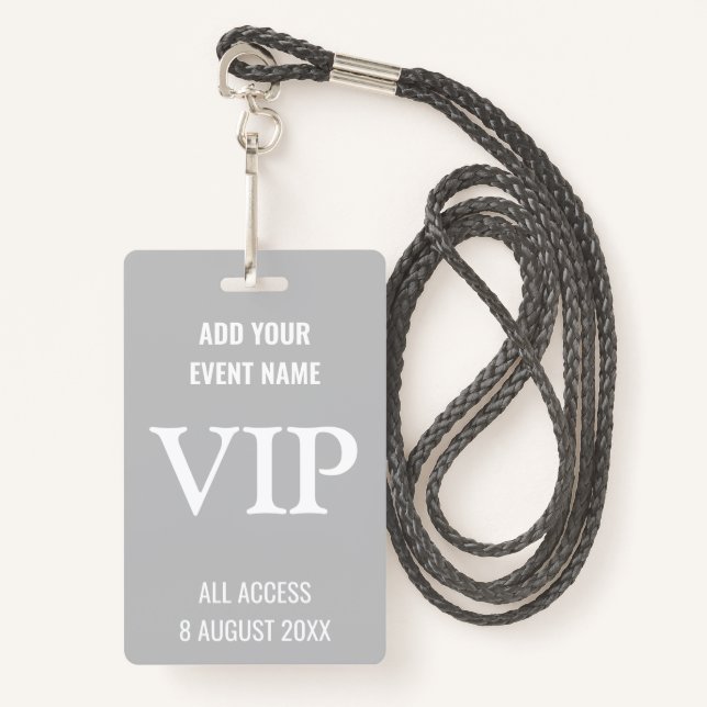 Modern VIP Music Festival Party Grey & White ID Badge (Front with Lanyard)
