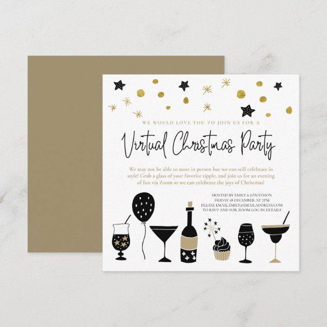 Modern Virtual Christmas Party Cocktails Confetti Invitation (Front/Back)