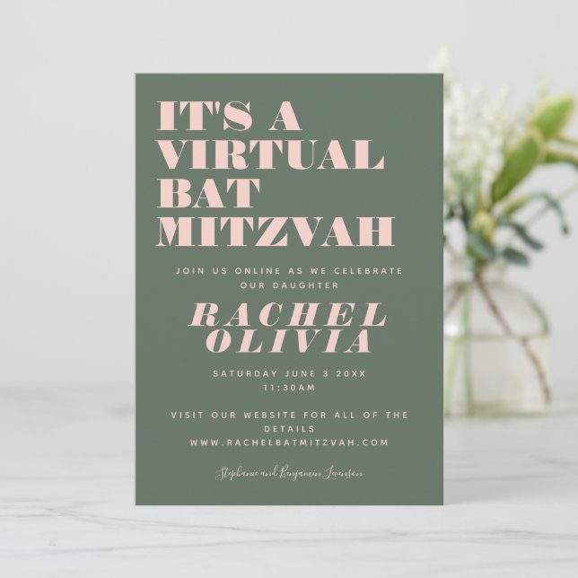Modern Virtual Online Pink and Green Bat Mitzvah Invitation (Standing Front)