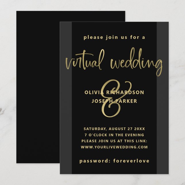 Modern Virtual Wedding | Black and Gold Invitation (Front/Back)