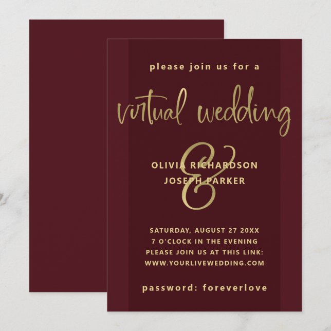 Modern Virtual Wedding | Burgundy and Gold Invitation (Front/Back)