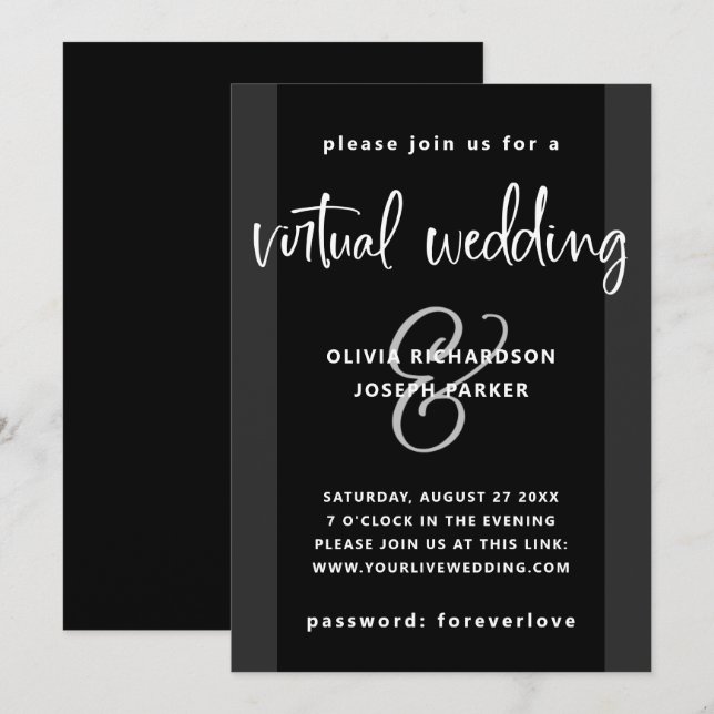 Modern Virtual Wedding | Charcoal Black and White Invitation (Front/Back)
