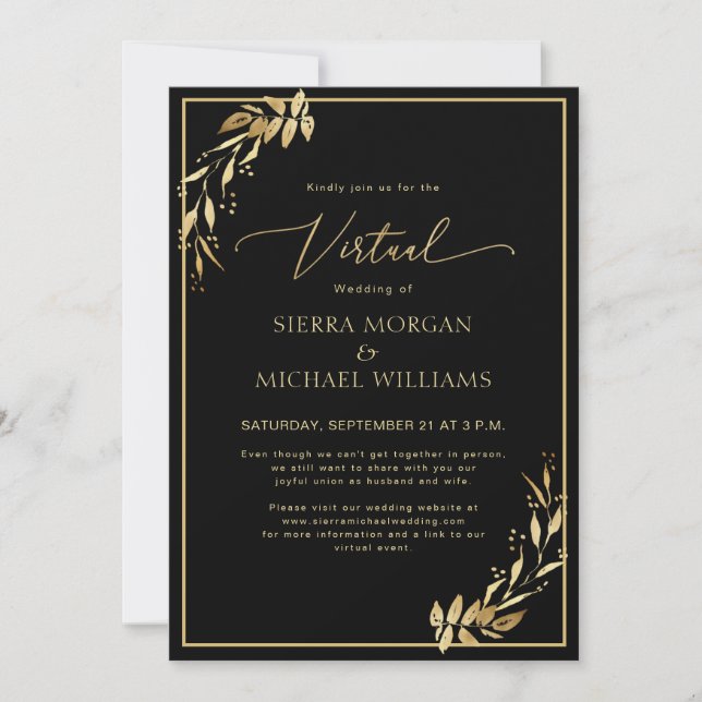 Modern Virtual Wedding Chic Golden Foliage Black Invitation (Front)