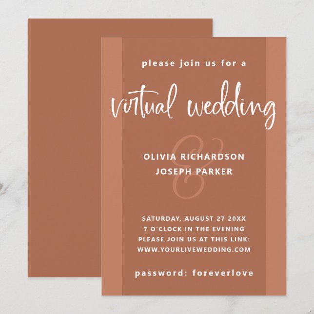 Modern Virtual Wedding | Copper Coloured and White Invitation (Front/Back)