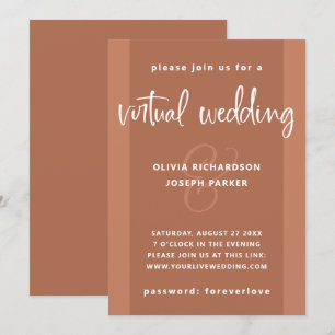 Modern Virtual Wedding   Copper Coloured and White Invitation
