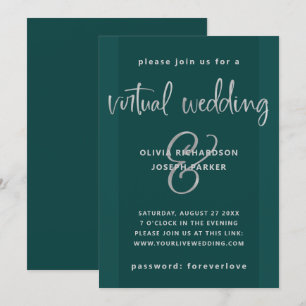 Modern Virtual Wedding   Emerald Green and Silver Invitation