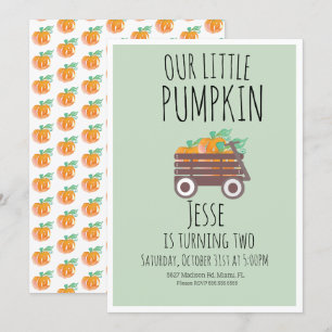 Modern Wagon Watercolor Little Halloween Pumpkins Invitation