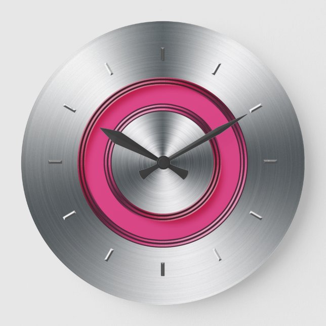Modern Wall Clock Faux Metal And Fuchsia (Front)