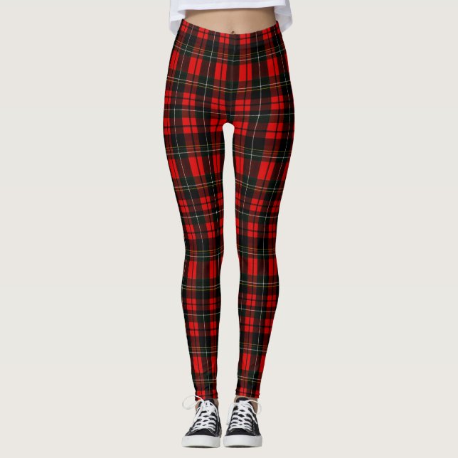 Modern Wallace Red Scottish Tartan Plaid Pattern Leggings (Front)